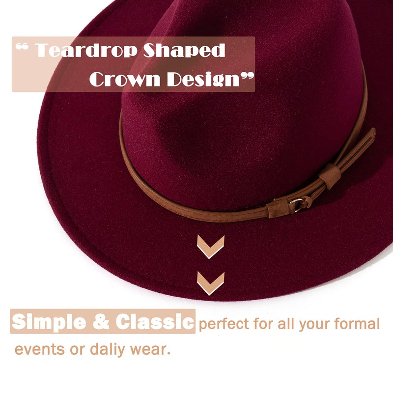 Lisianthus Men & Women Vintage Wide Brim Fedora Hat with Belt Buckle A-Wine 56-58cm - Image 2